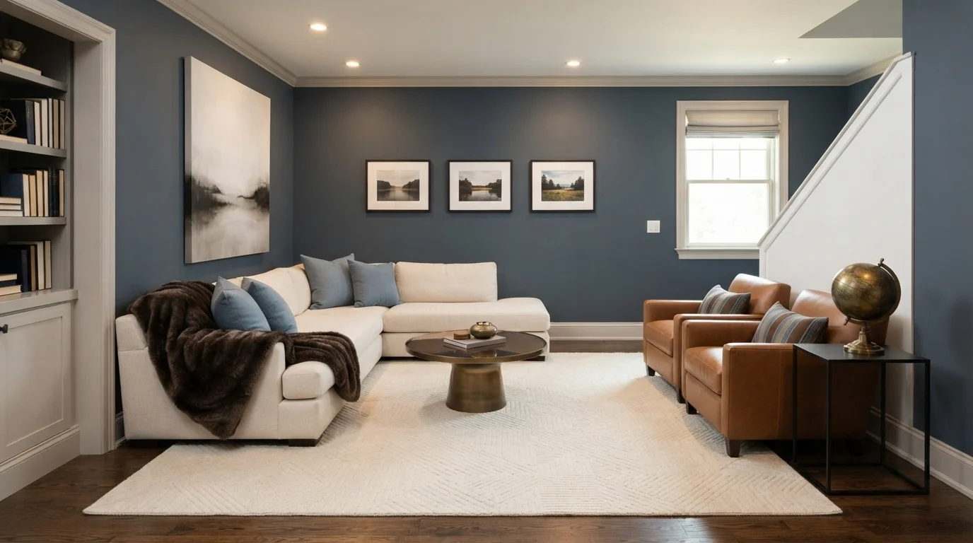 Moody Slate Lounge — blue basement painted in Major Tom