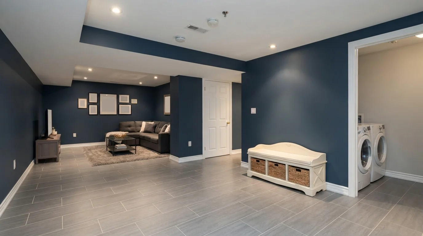 Moody Navy Basement — blue basement painted in New Navy Blue