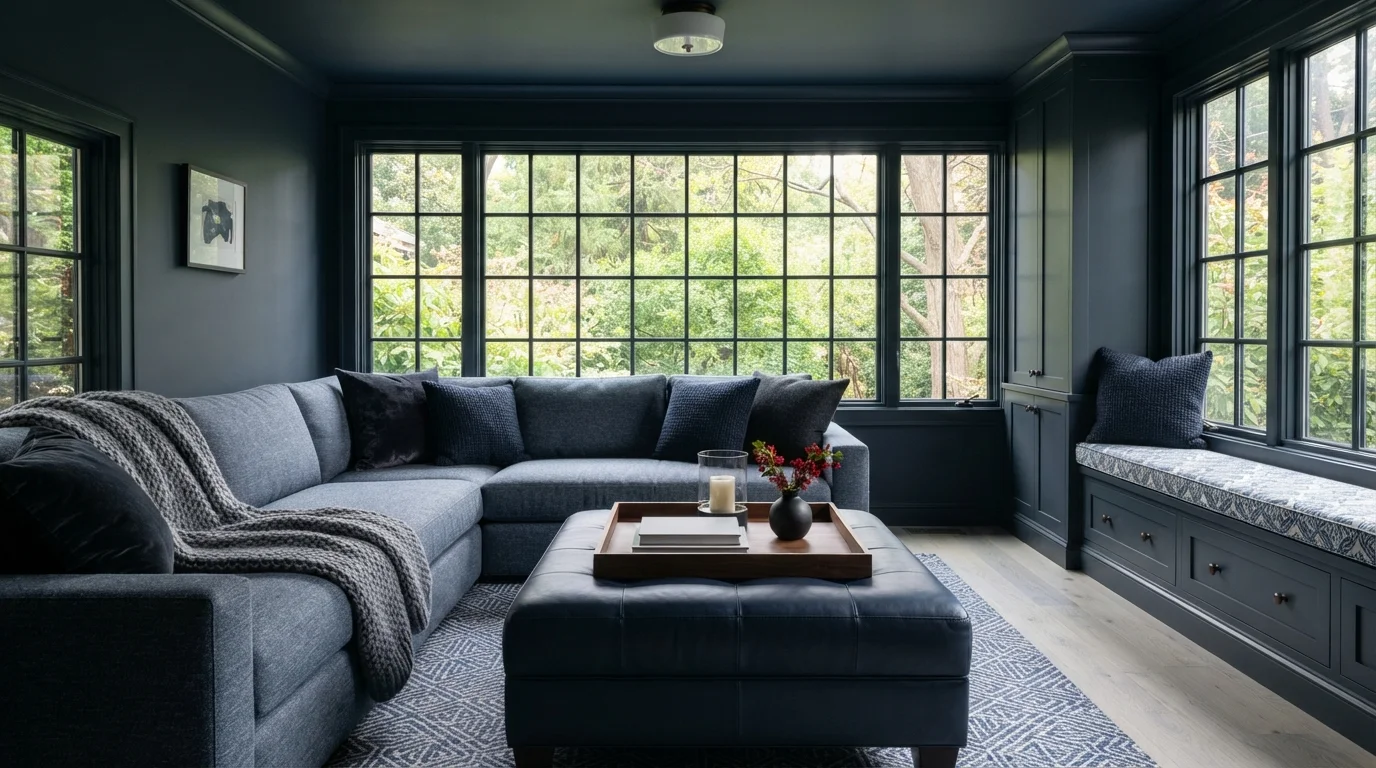 Inky Navy Color-Drenched Lounge — blue basement painted in In the Navy