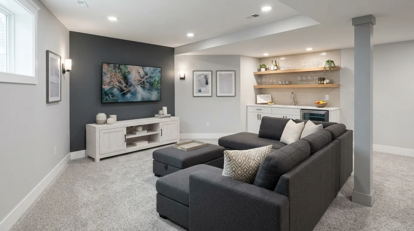 Cool Slate Retreat — gray basement painted in Pigeon Gray