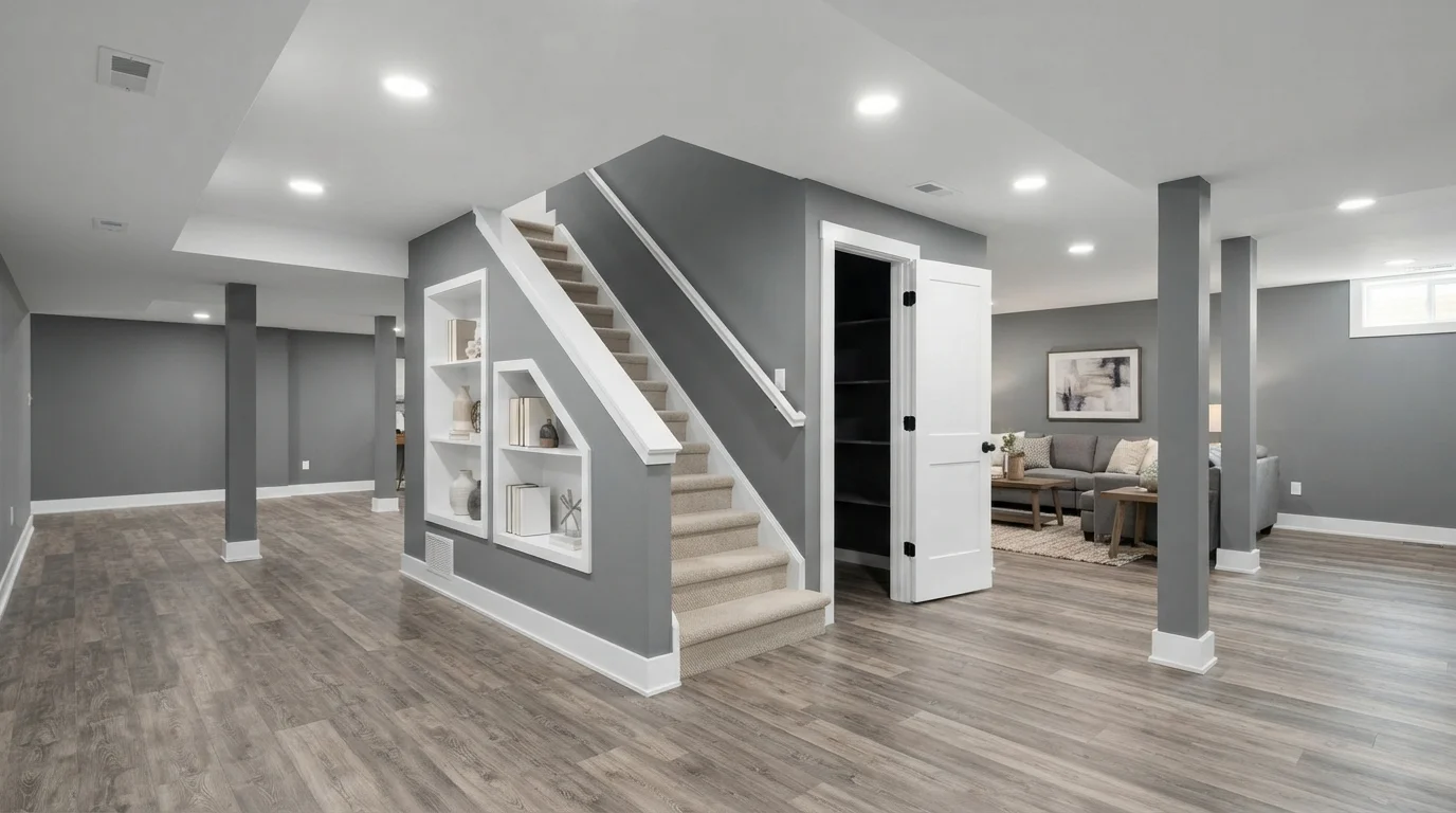 Slate and Bright White — gray basement painted in Gray Shower