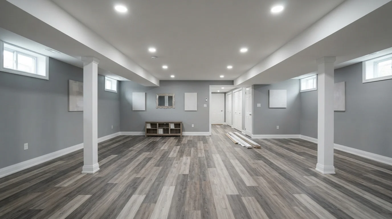 Crisp Slate Basement — gray basement painted in Silent Film