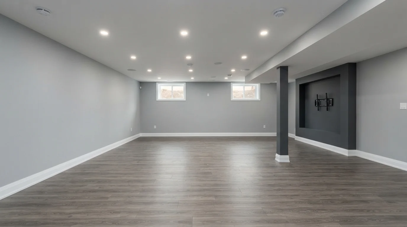 Sleek Slate Basement — gray basement painted in Silent Night