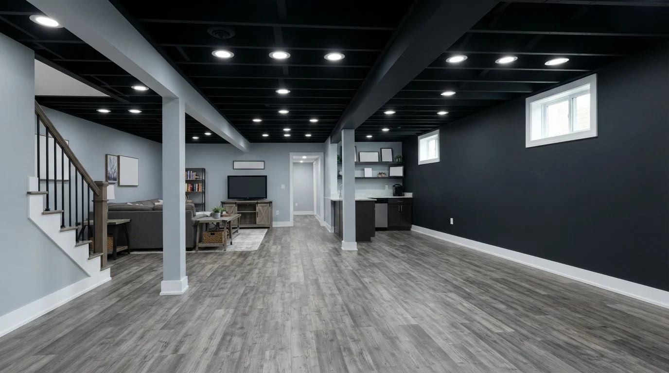 Modern Industrial Slate — gray basement painted in Blue Cashmere