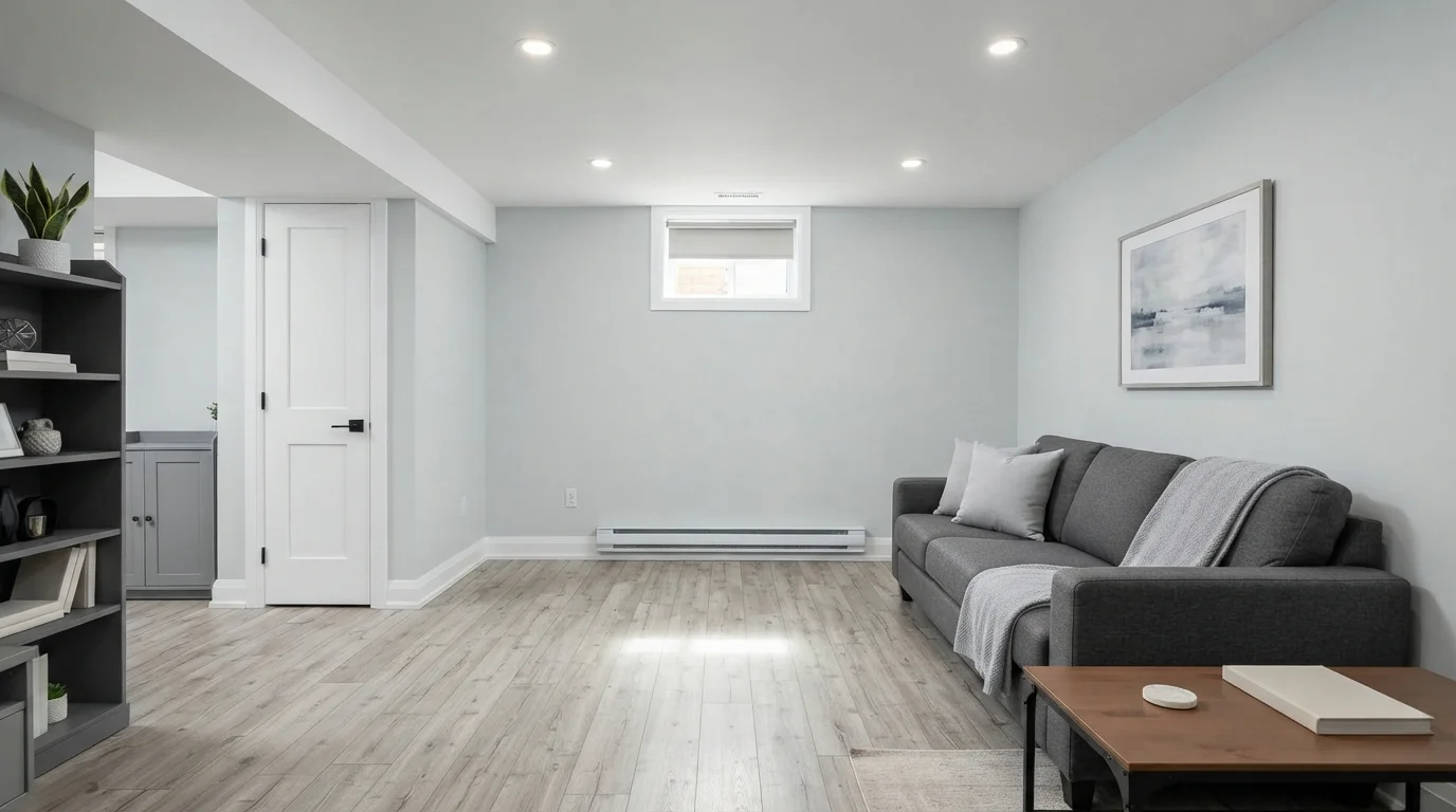 Misty Grey Minimalist — gray basement painted in Pelican
