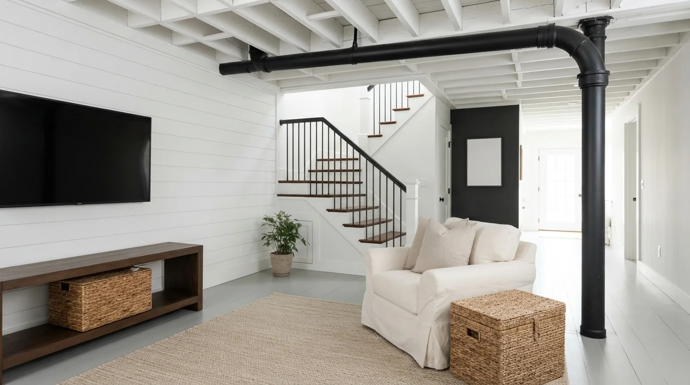 Crisp Modern Industrial — white basement painted in Lighthouse