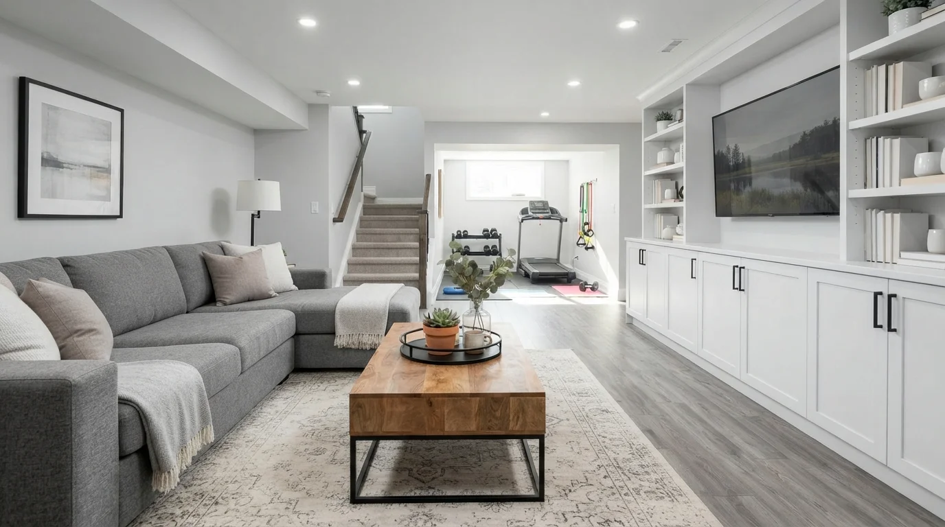 Bright Basement Retreat — white basement painted in Arctic Dawn
