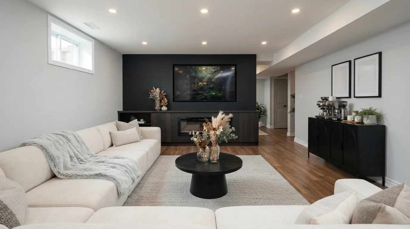 Crisp Modern Monochrome — white basement painted in Silver Streak