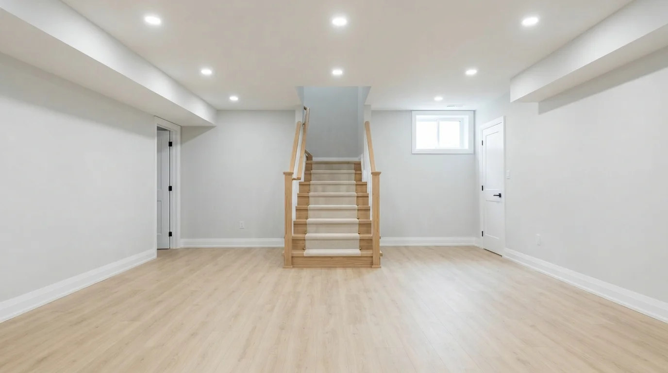 Crisp White Canvas — white basement painted in Misty Gray