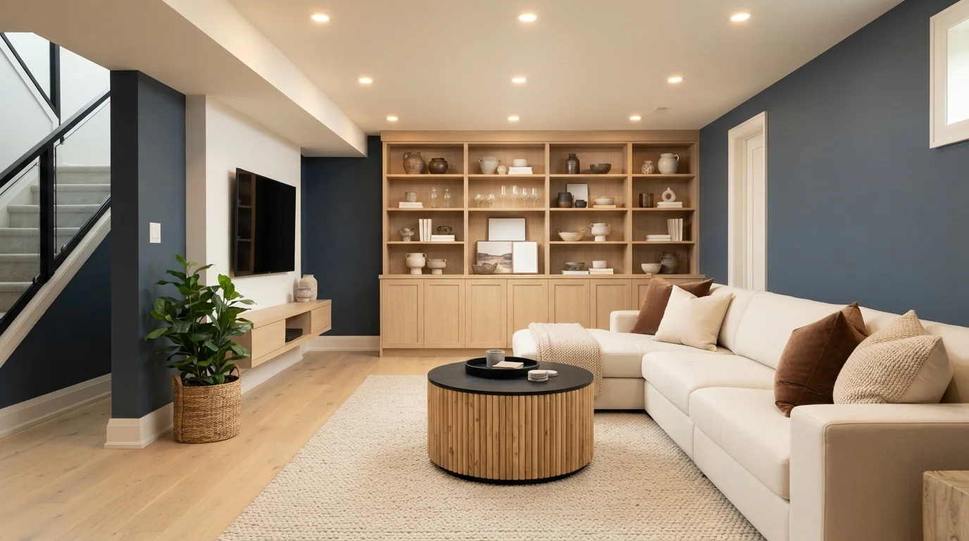 Warm Ivory Lounge — white basement painted in Navy Bean