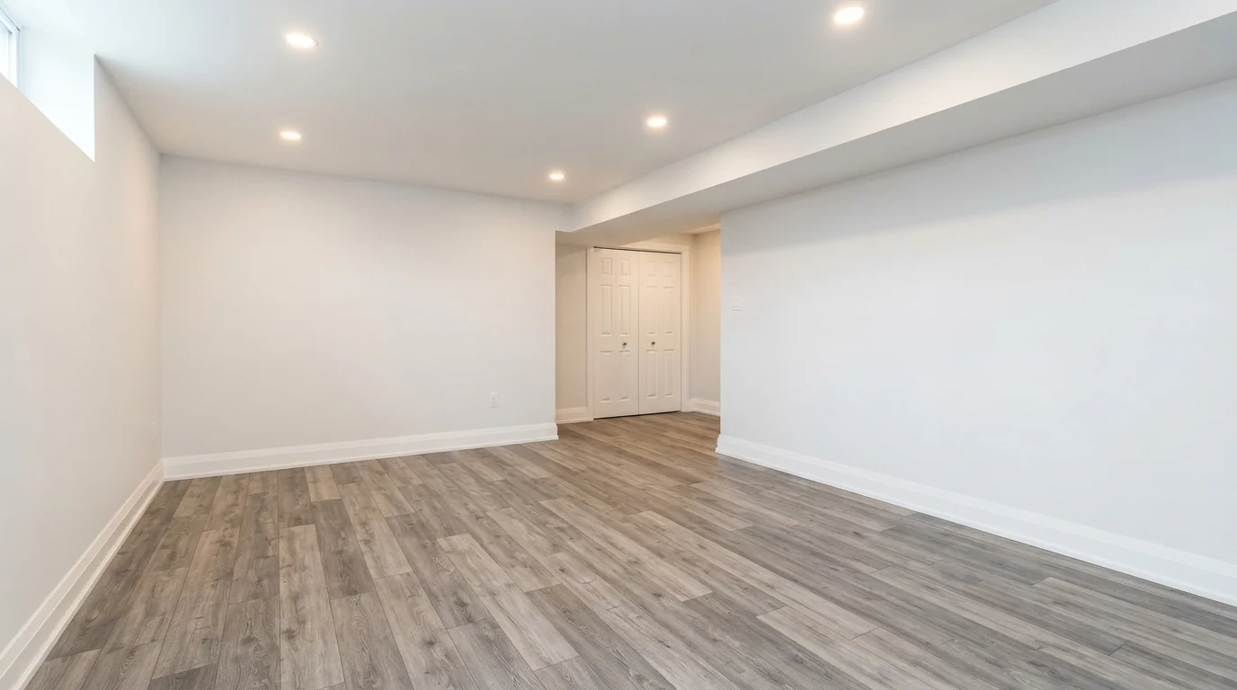Cool Gray Canvas — white basement painted in Pale Bud
