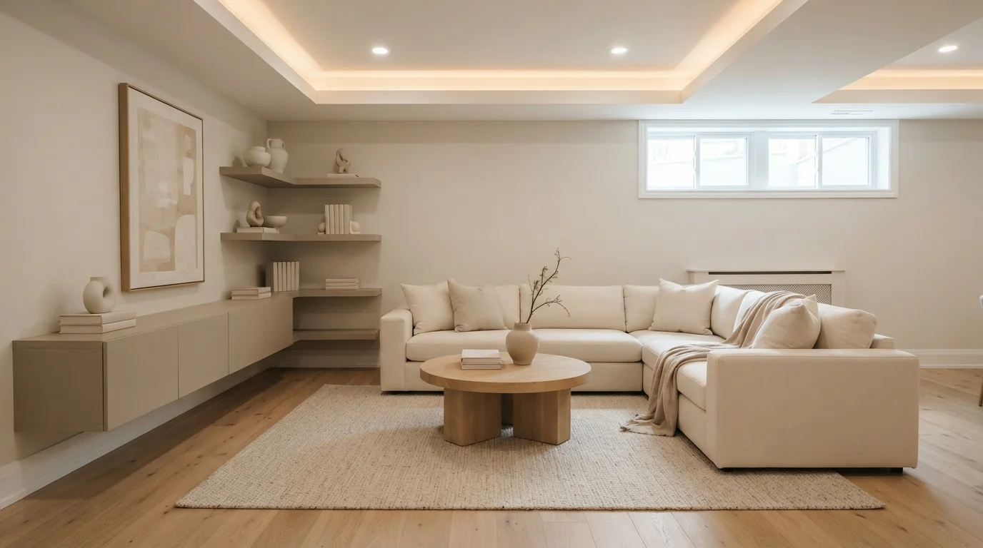 Warm Cream Serenity — white basement painted in Tender Cloud