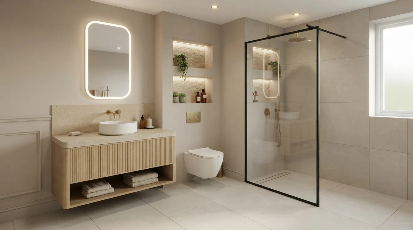 neutral bathroom color idea — Hampshire Taupe · Benjamin Moore