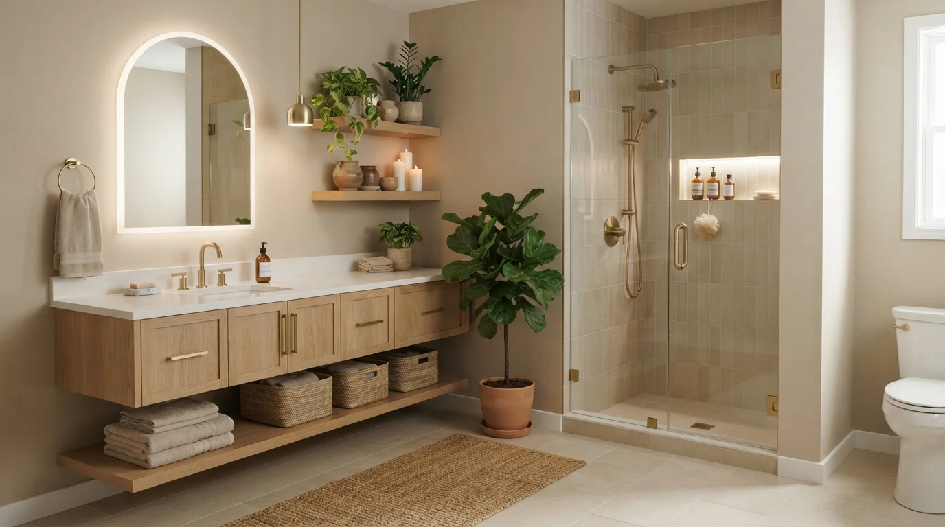Warm Spa Sanctuary — neutral bathroom painted in Aspen Branch