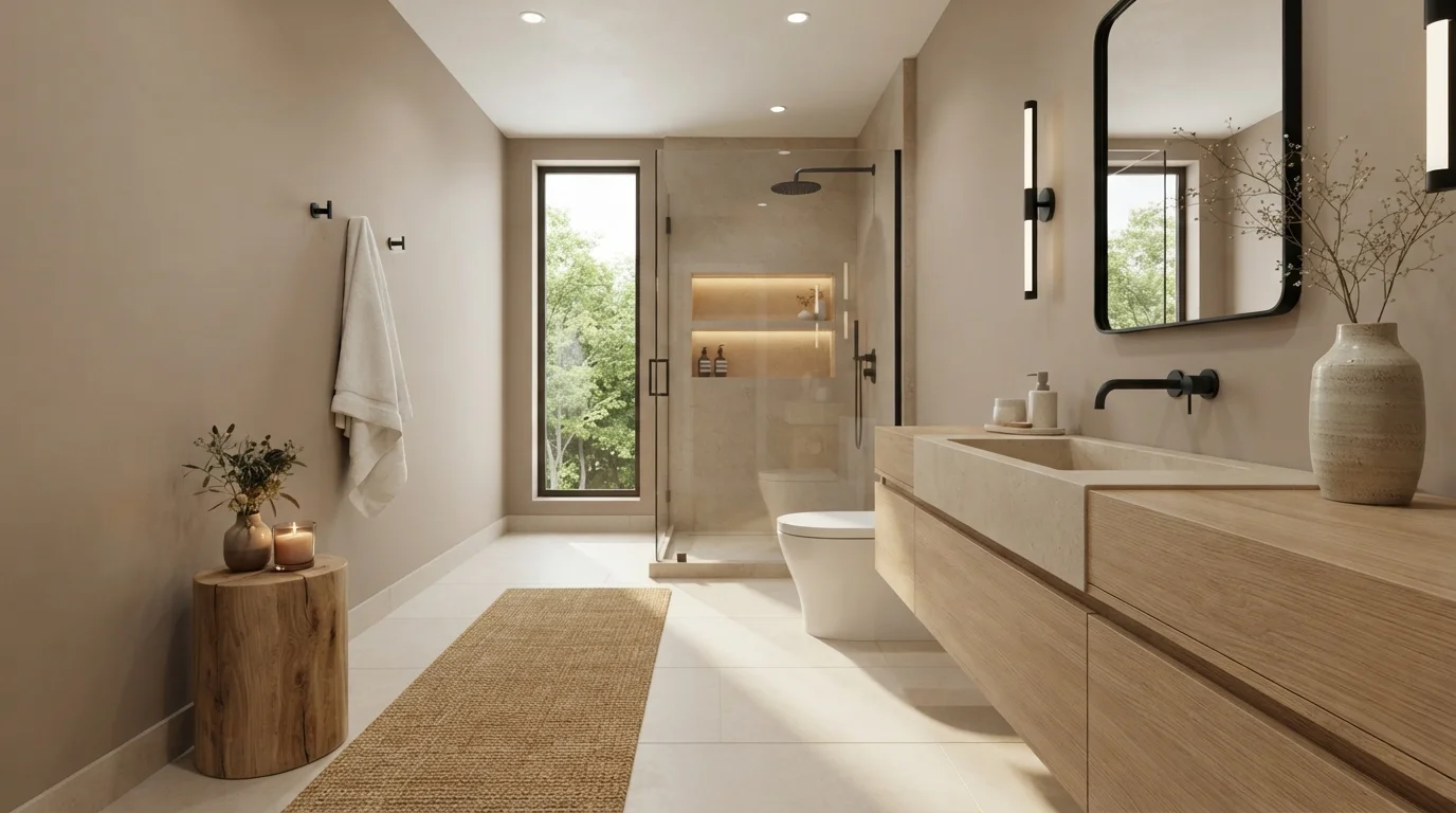 Warm Travertine Sanctuary — neutral bathroom painted in Macadamia Brown