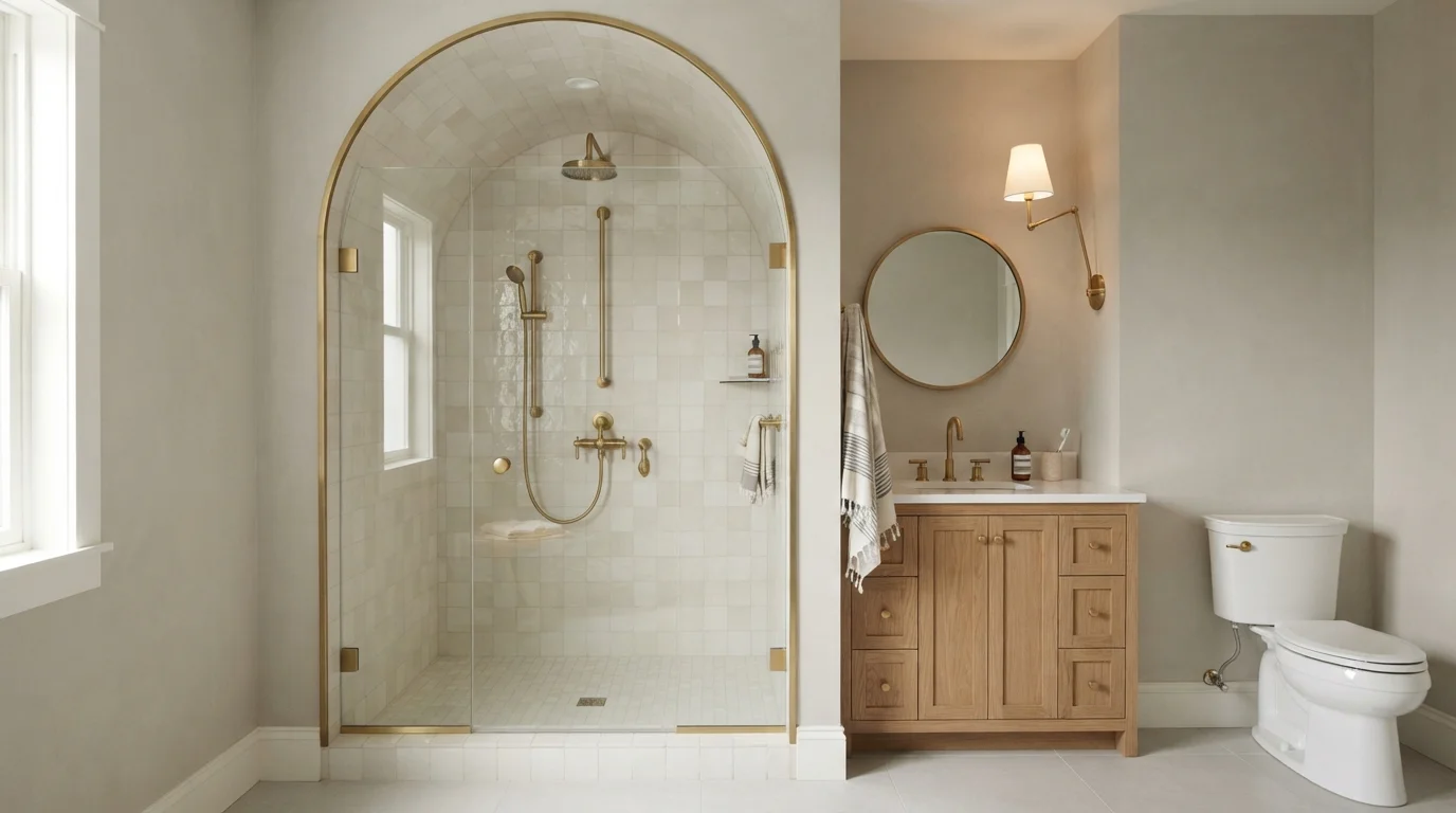 Arched Brass Sanctuary — neutral bathroom painted in Yes It's Greige