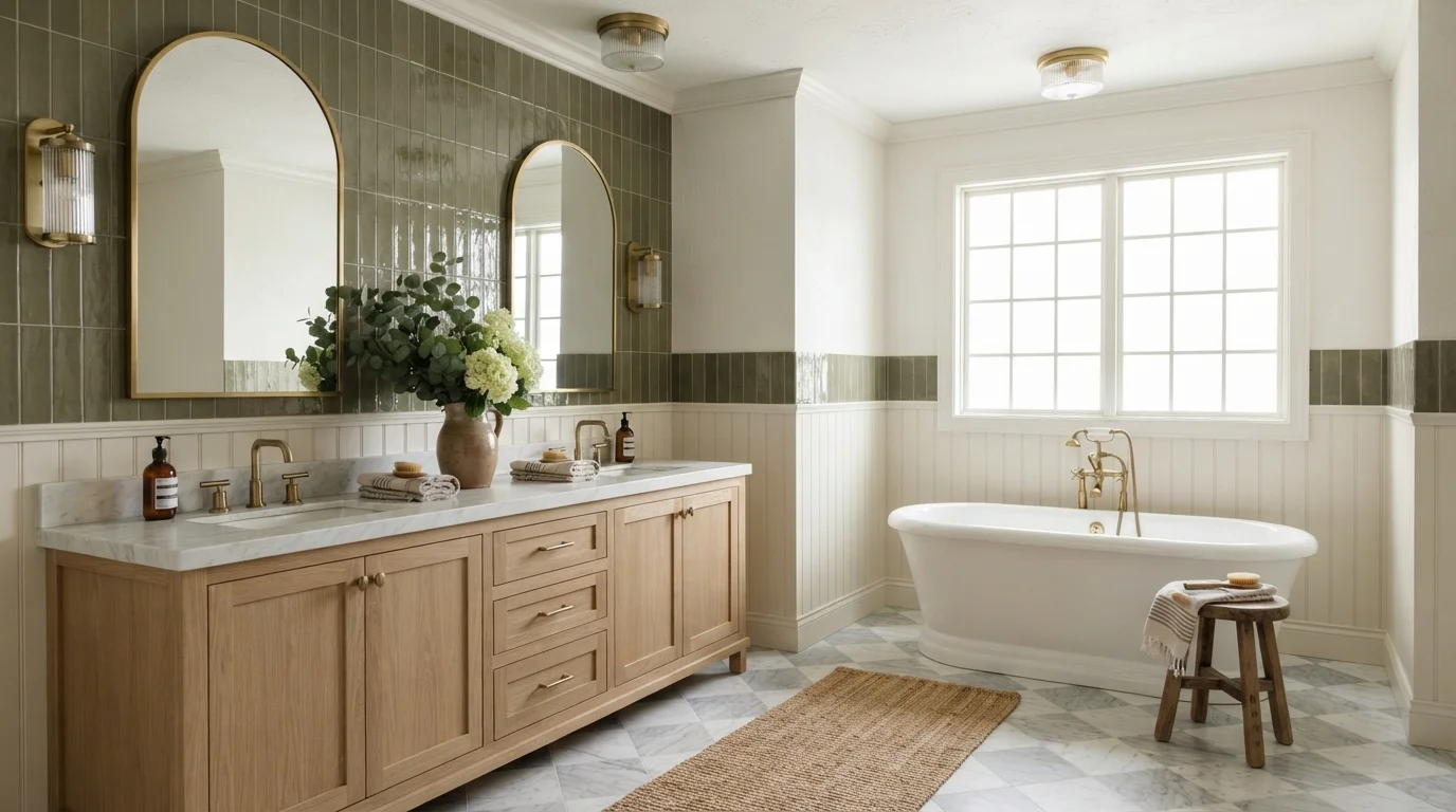 Olive and Oak Bath — neutral bathroom painted in White Fence