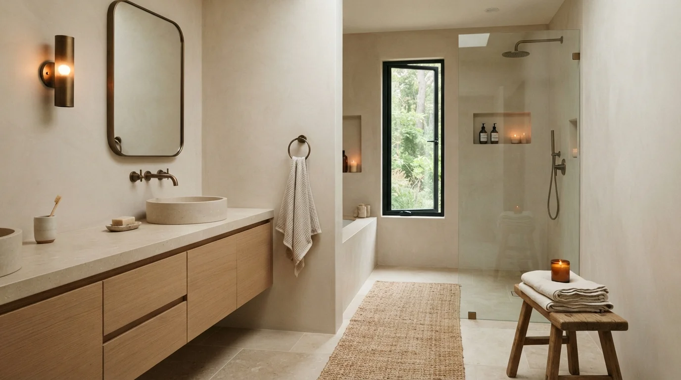 Warm Stone Sanctuary — neutral bathroom painted in Steveareno Beige