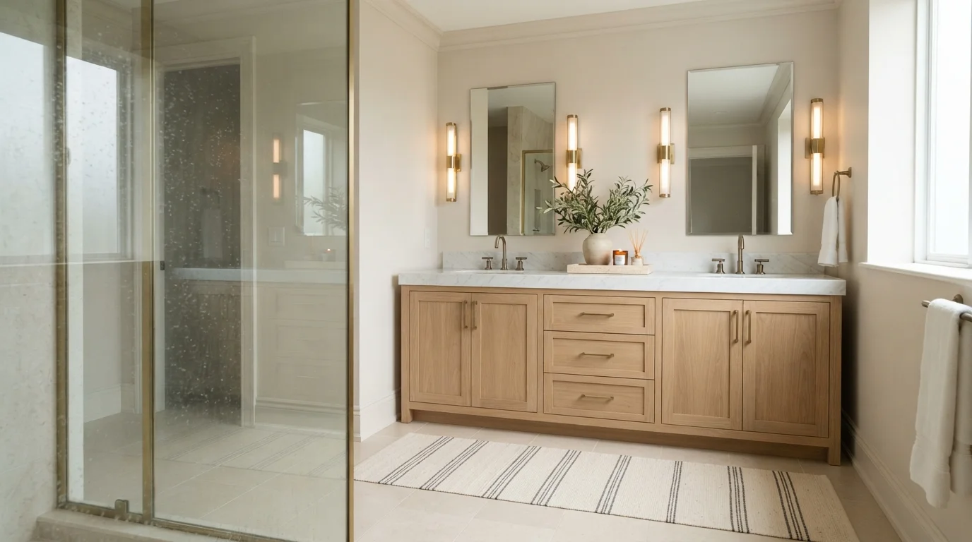Warm Linen Vanity — neutral bathroom painted in Gentle Lamb