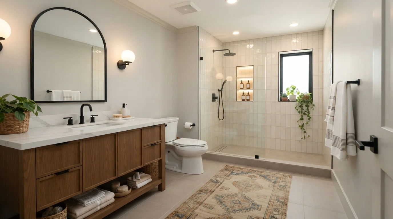 Warm Organic Sanctuary — neutral bathroom painted in Bowstring