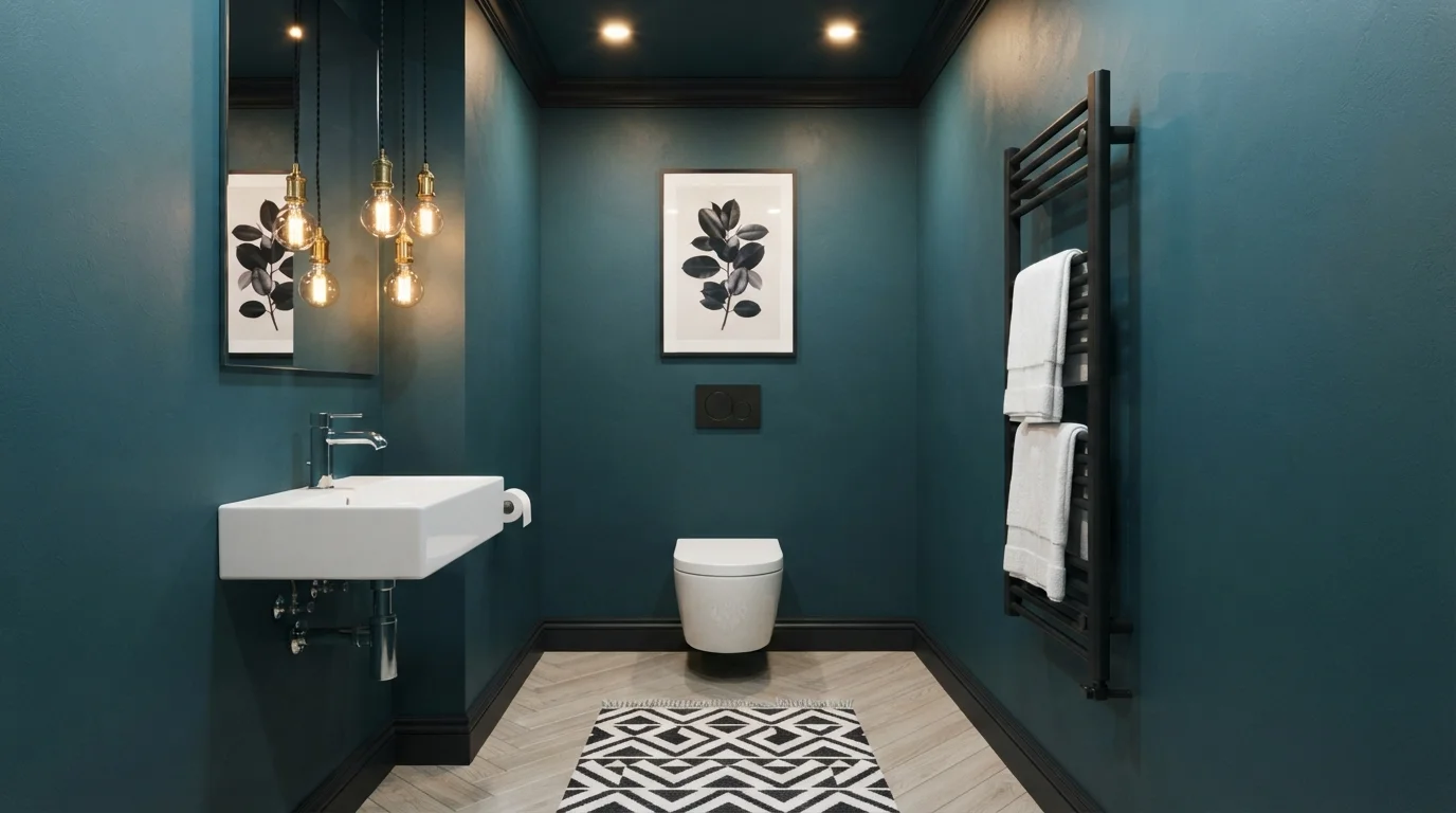 Moody Petrol Blue Powder Room — teal bathroom painted in Holiday Velvet