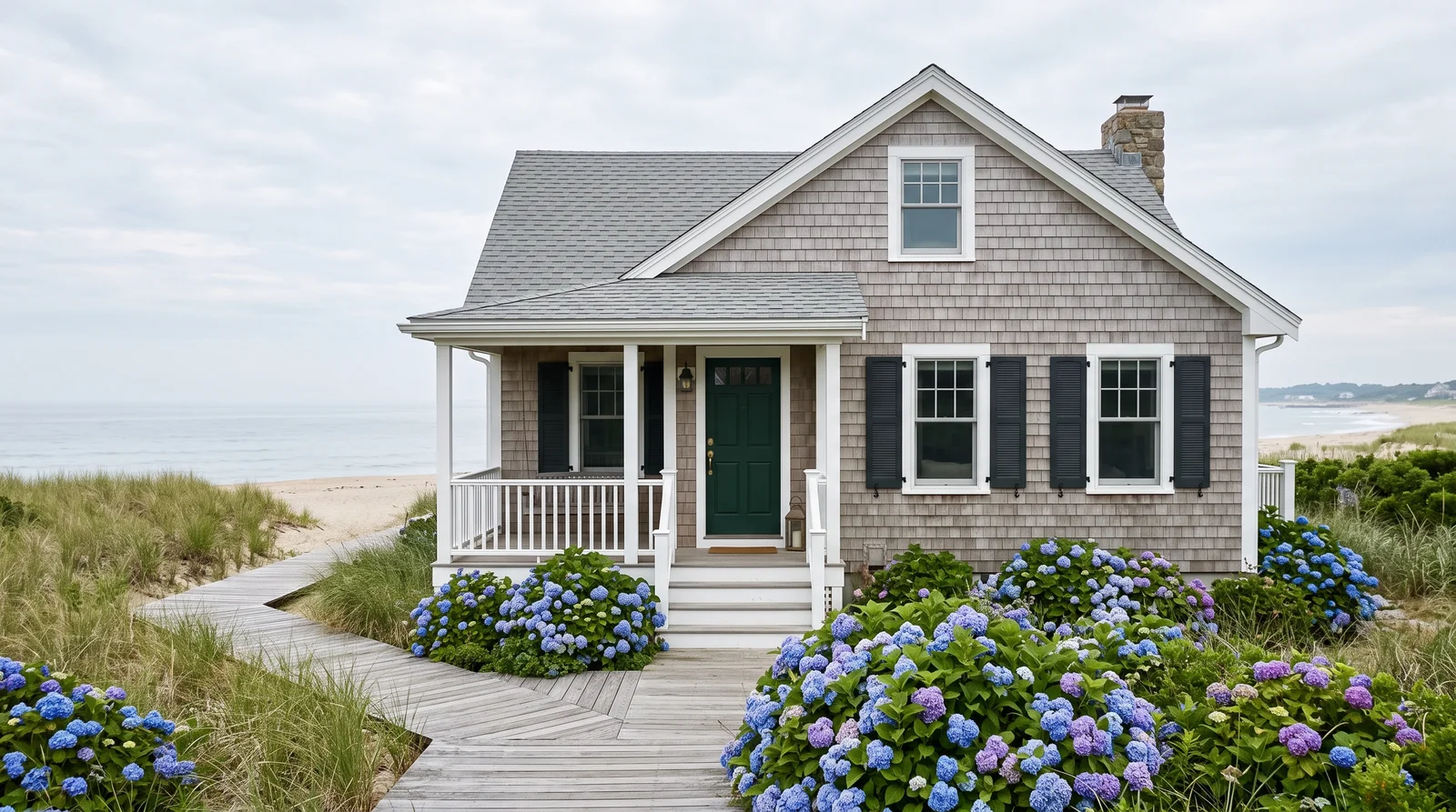 Weathered Gray Shingle Cottage — beach house exterior painted in Sandy Hook Gray