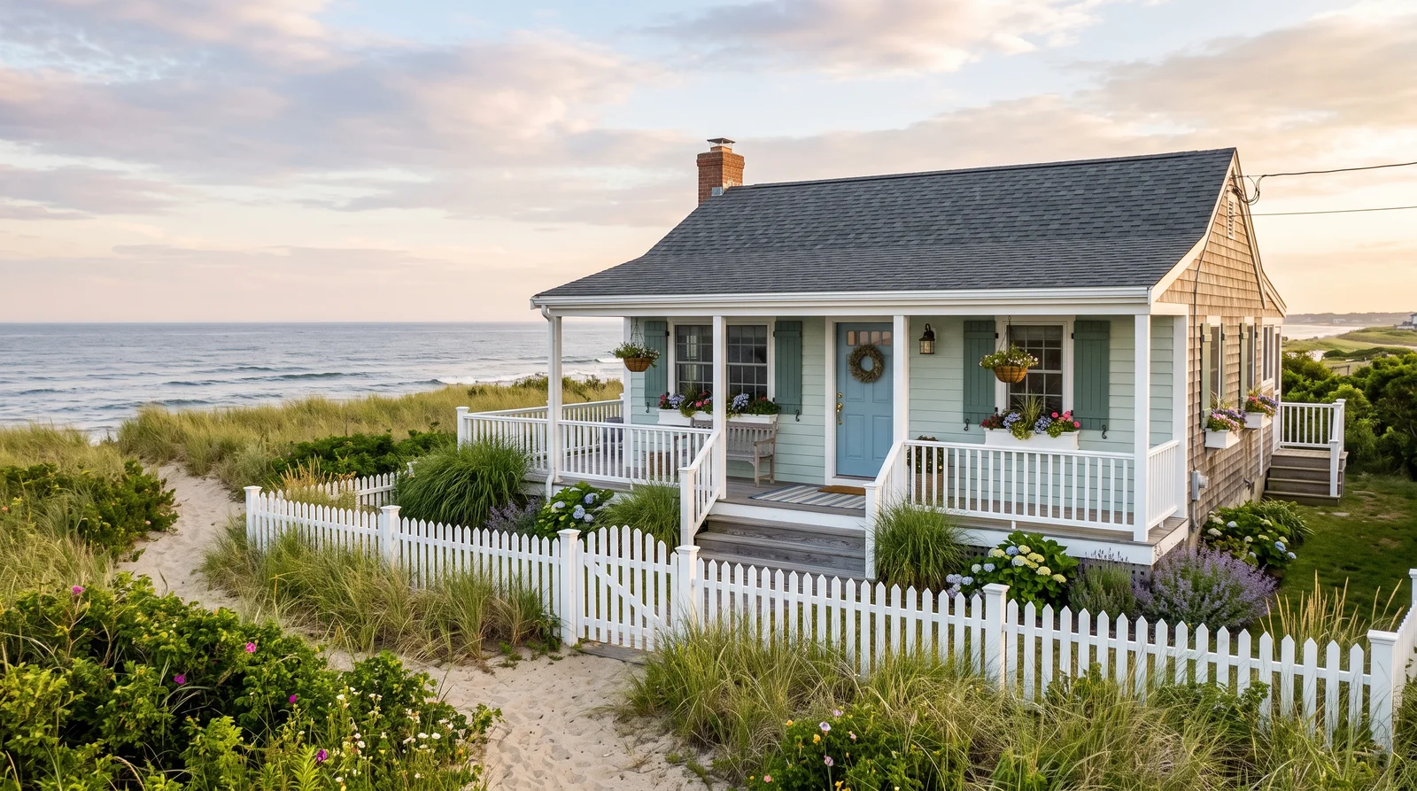 Soft Seafoam Cottage — beach house exterior painted in Sea Salt