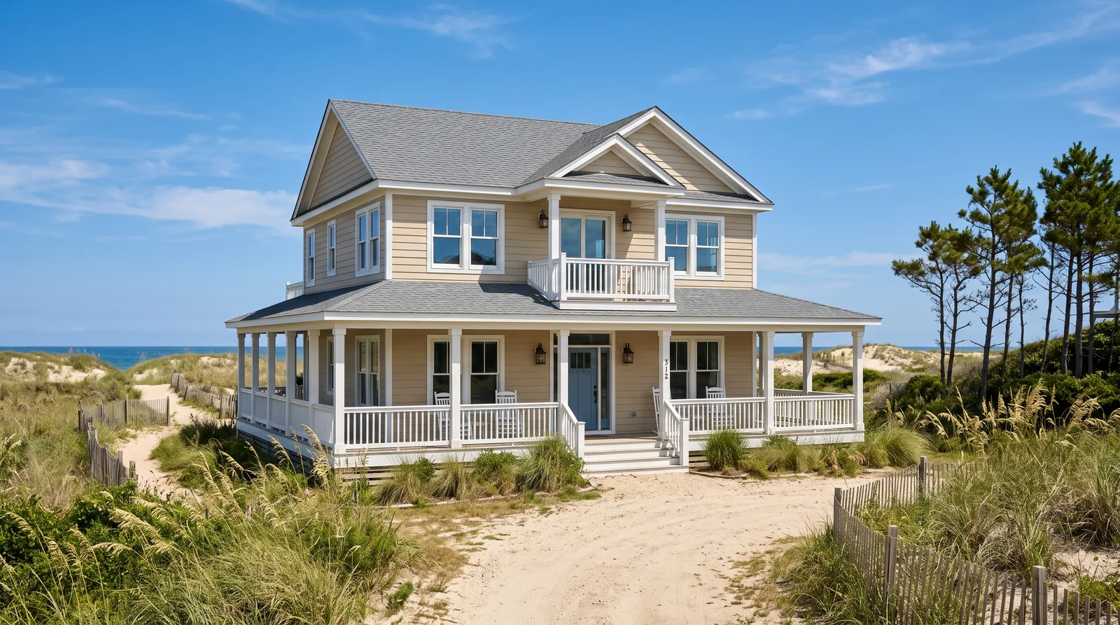 Sandy Neutral With White Trim — beach house exterior painted in Gilded Linen