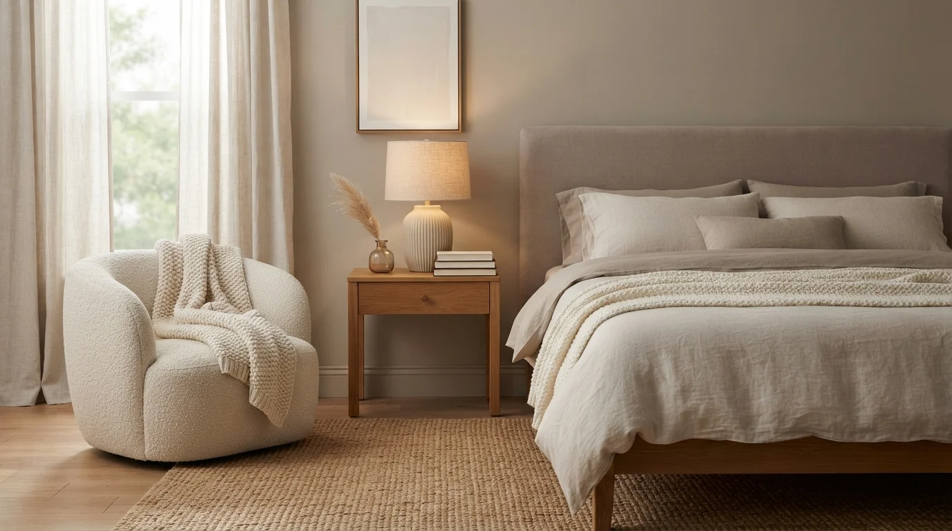 Warm Oatmeal Haven — neutral bedroom painted in Big Spender