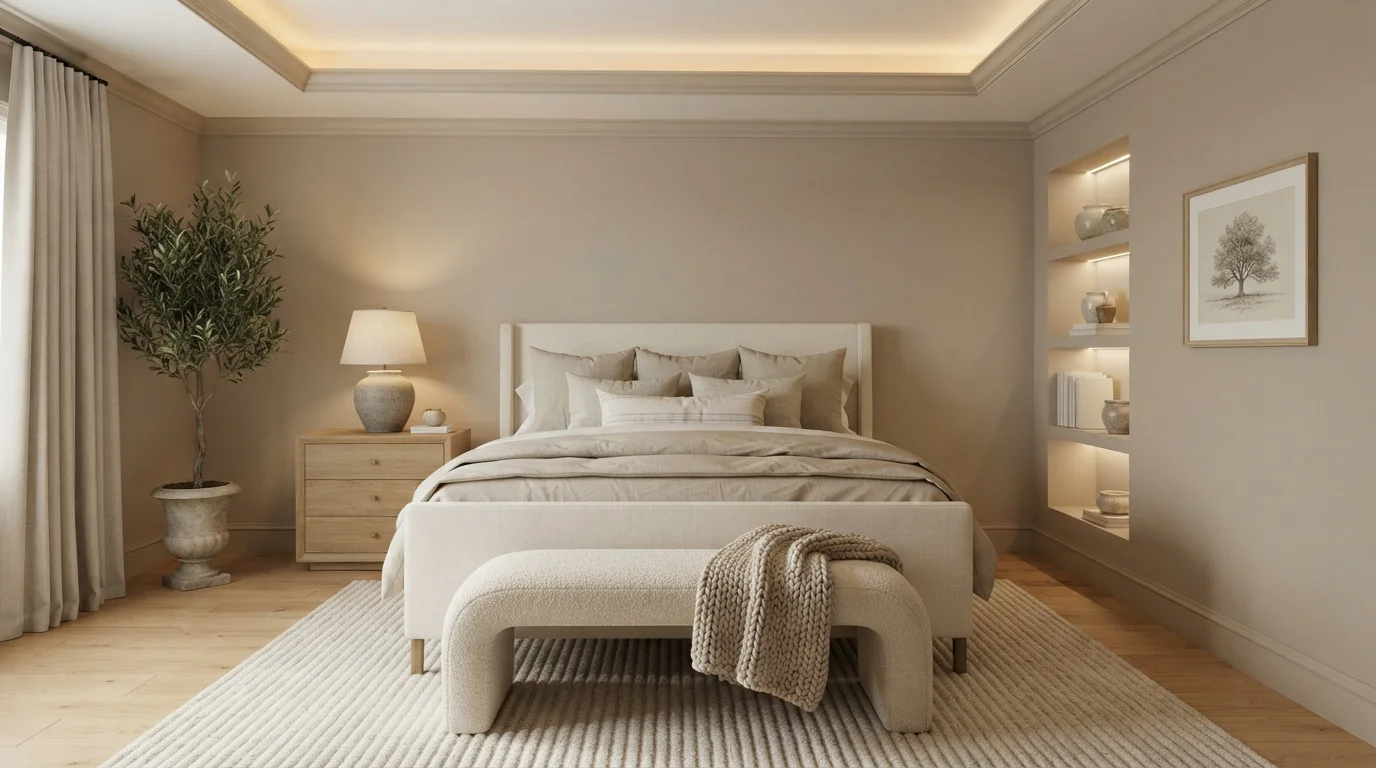 Warm Taupe Sanctuary — neutral bedroom painted in Palm Springs Tan