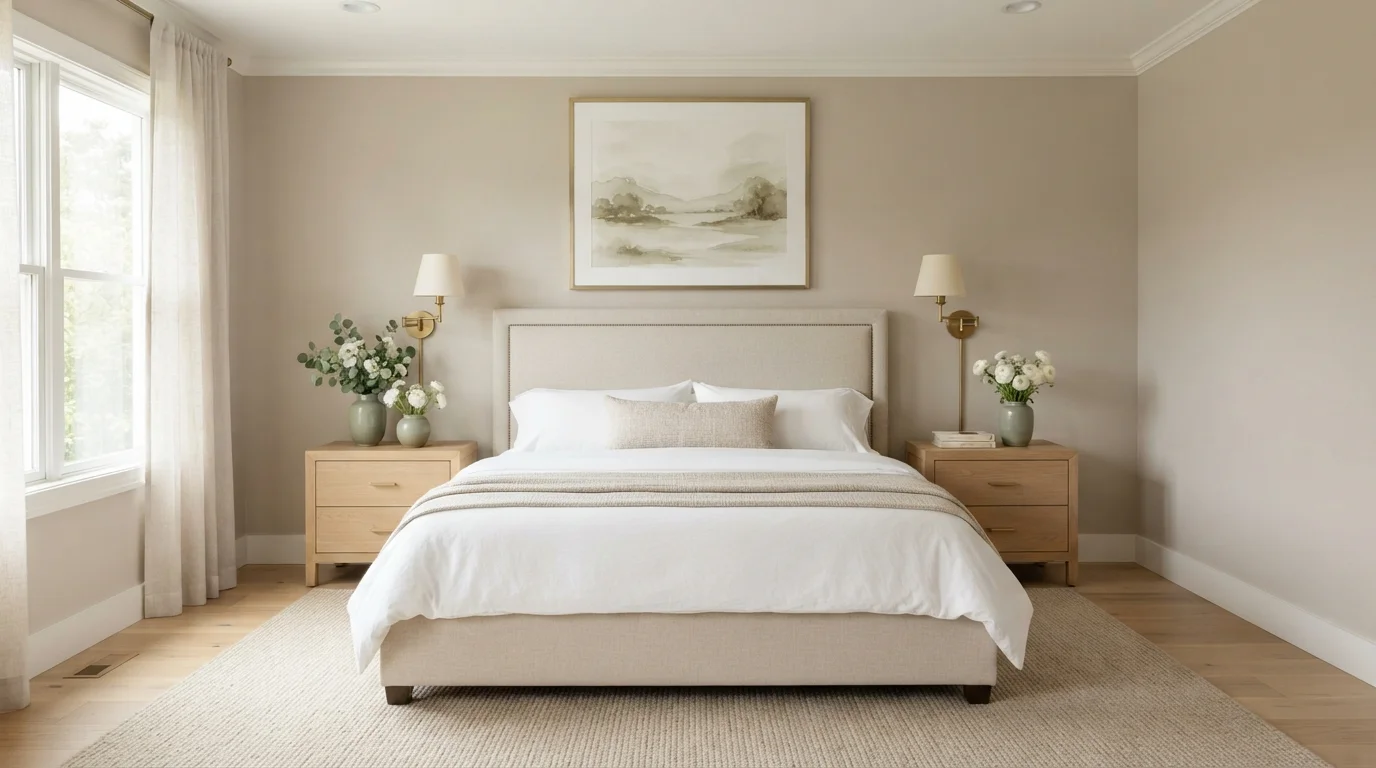 Warm Oat Serenity — neutral bedroom painted in Ranch Tan