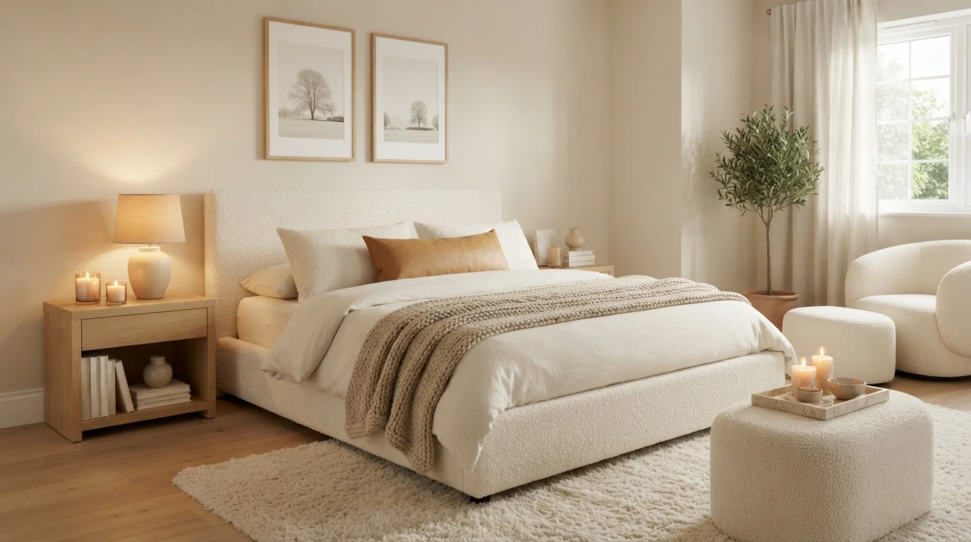 Warm Linen Retreat — neutral bedroom painted in Varnished Ivory
