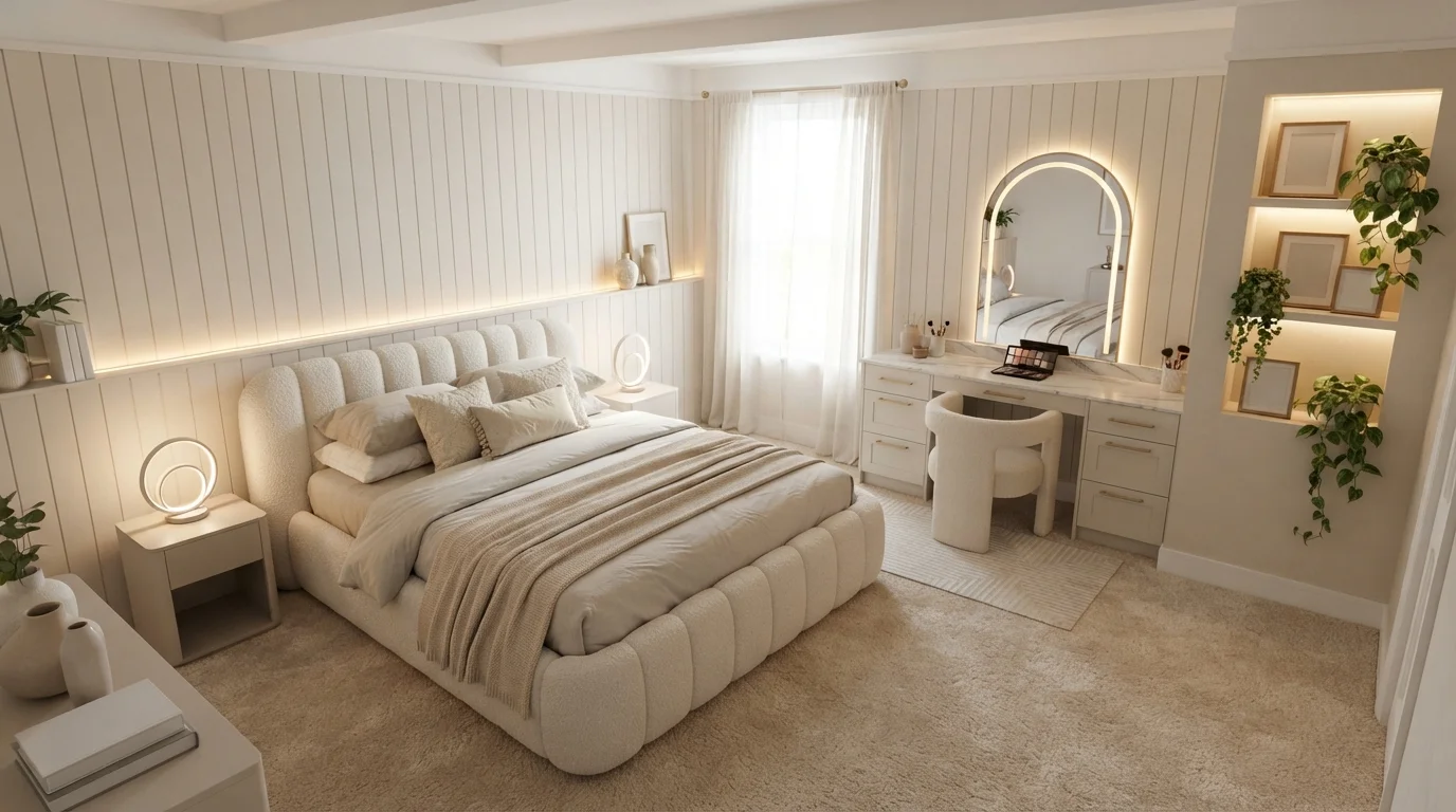 Cream Bouclé Haven — neutral bedroom painted in Pearls And Lace