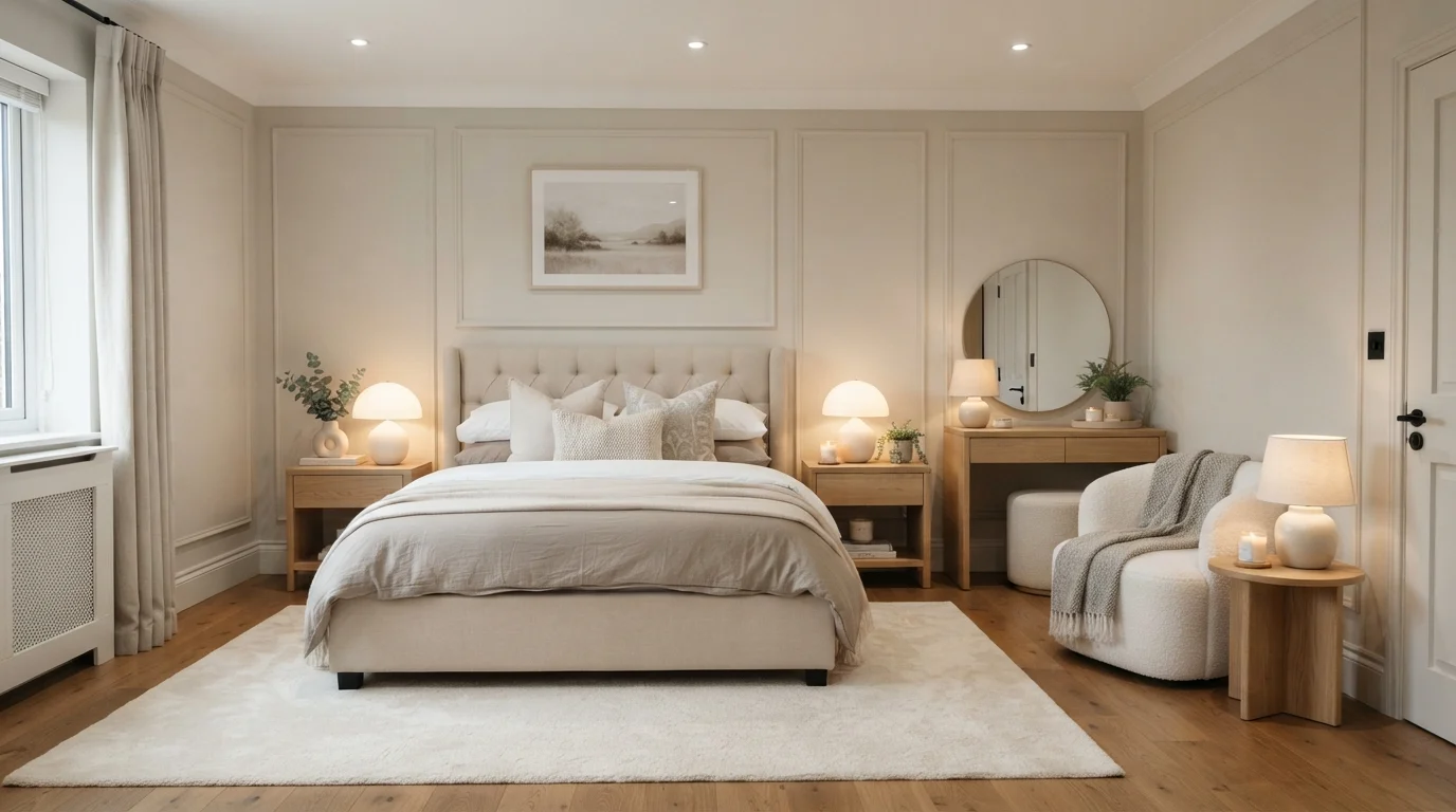 Warm Linen Sanctuary — neutral bedroom painted in Accolade