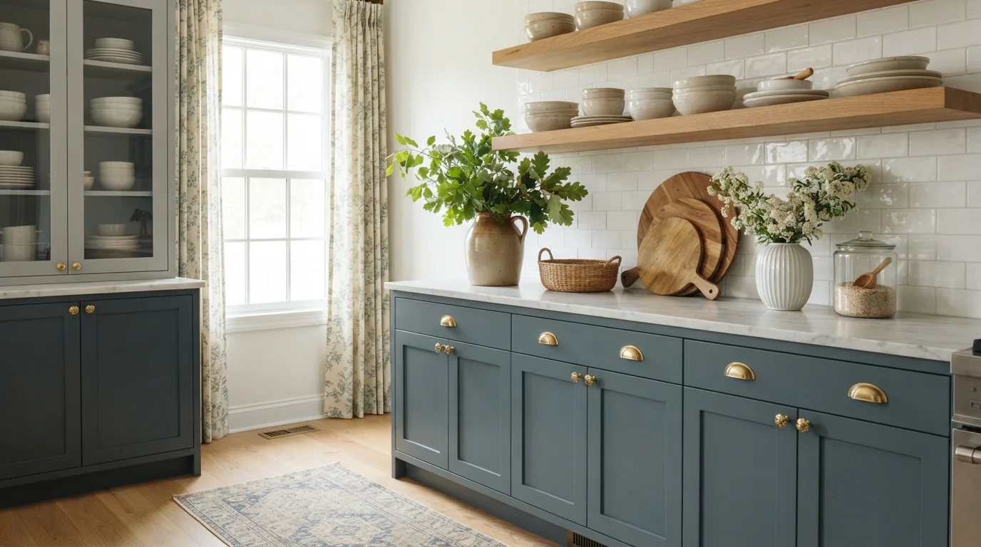 Slate Blue Cottage Charm — blue kitchen cabinets painted in Mozart Blue