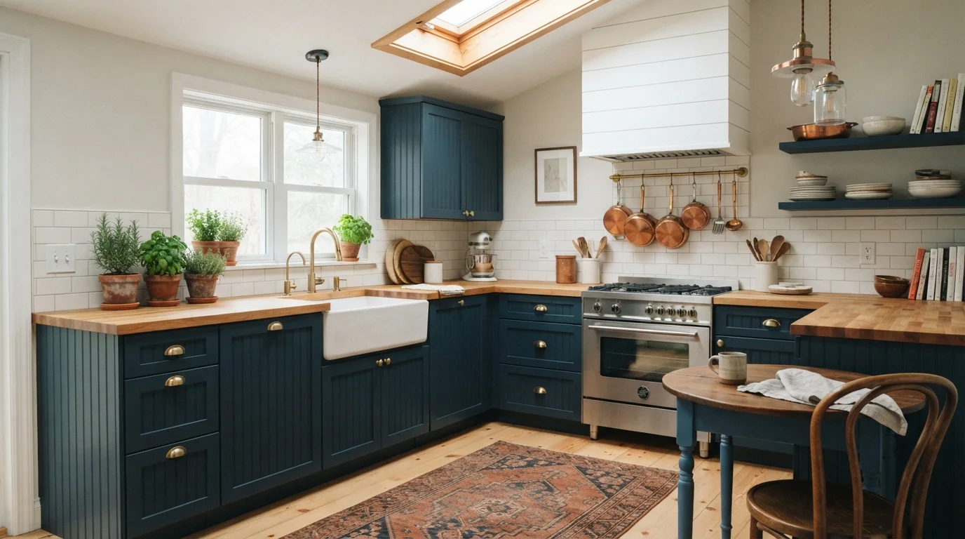 Navy and Copper Cottage — blue kitchen cabinets painted in Indigo Streamer