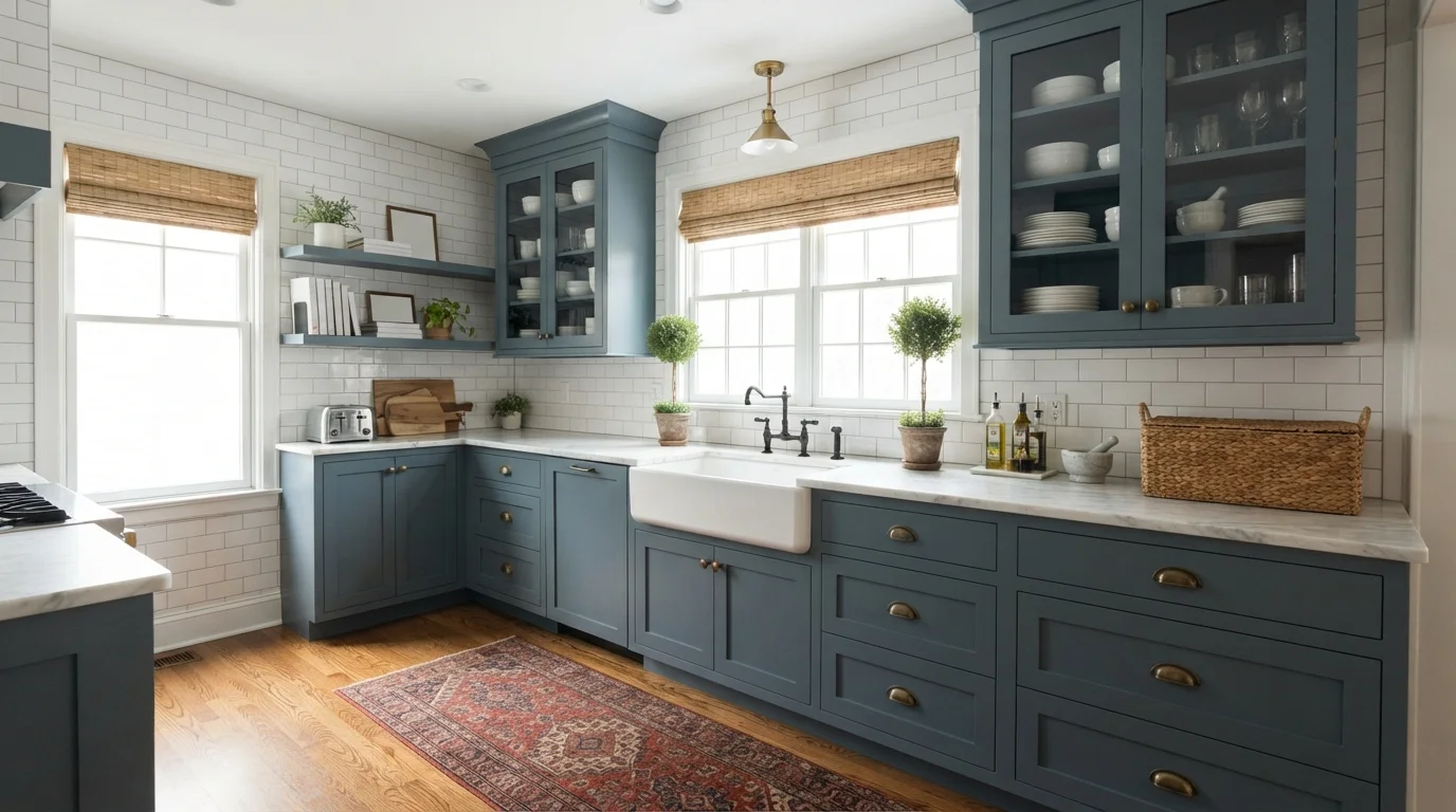 Heritage Slate Blue — blue kitchen cabinets painted in Cape Cod Bay