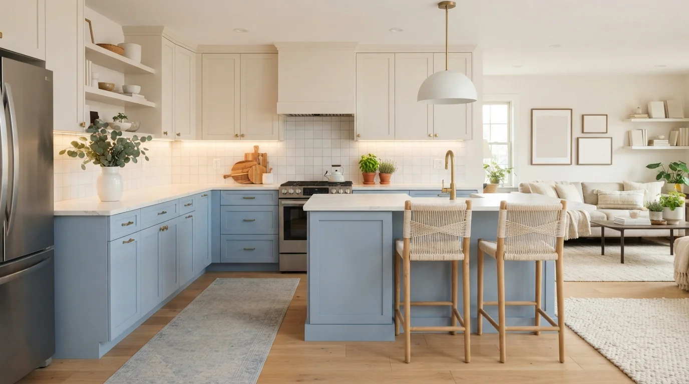 Breezy French Blue Kitchen — blue kitchen cabinets painted in Calm Tint