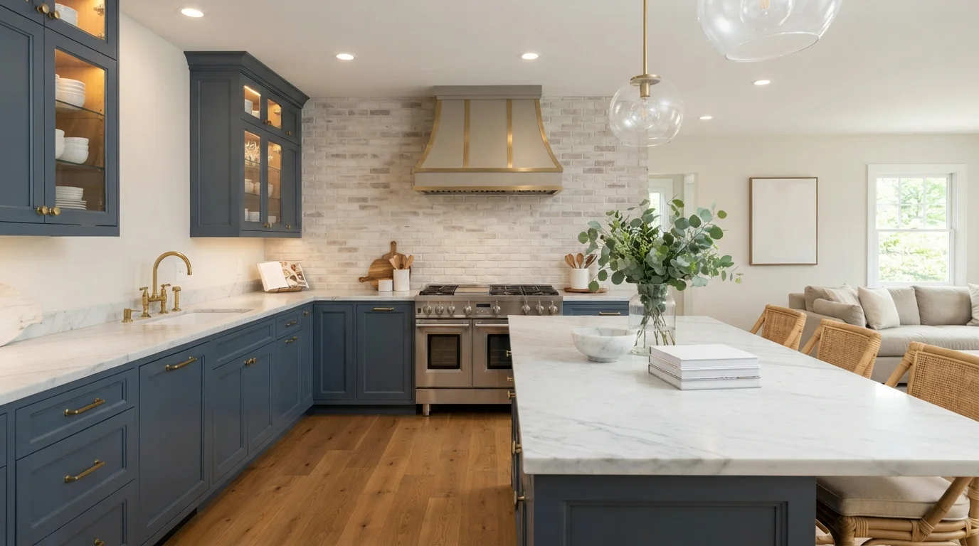 Slate Blue Classic — blue kitchen cabinets painted in Happy Tune