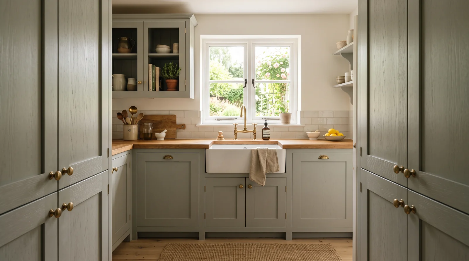 Soft Sage Morning — kitchen cabinets painted in October Mist
