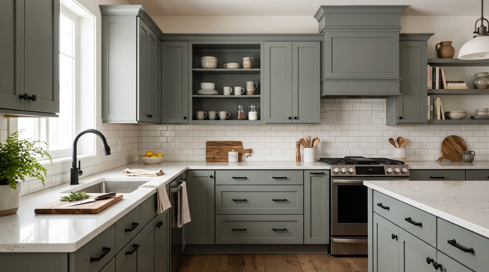 green cabinets, deeper and muddier — trending kitchen cabinets colors 2026