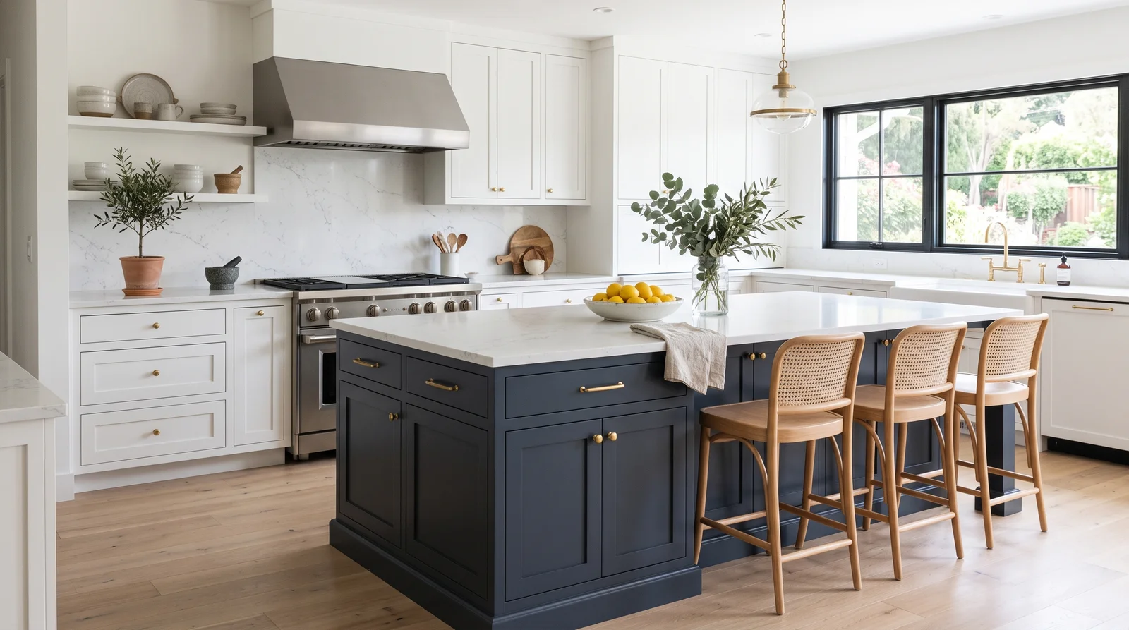 Hale Navy Island — kitchen cabinets painted in Hale Navy