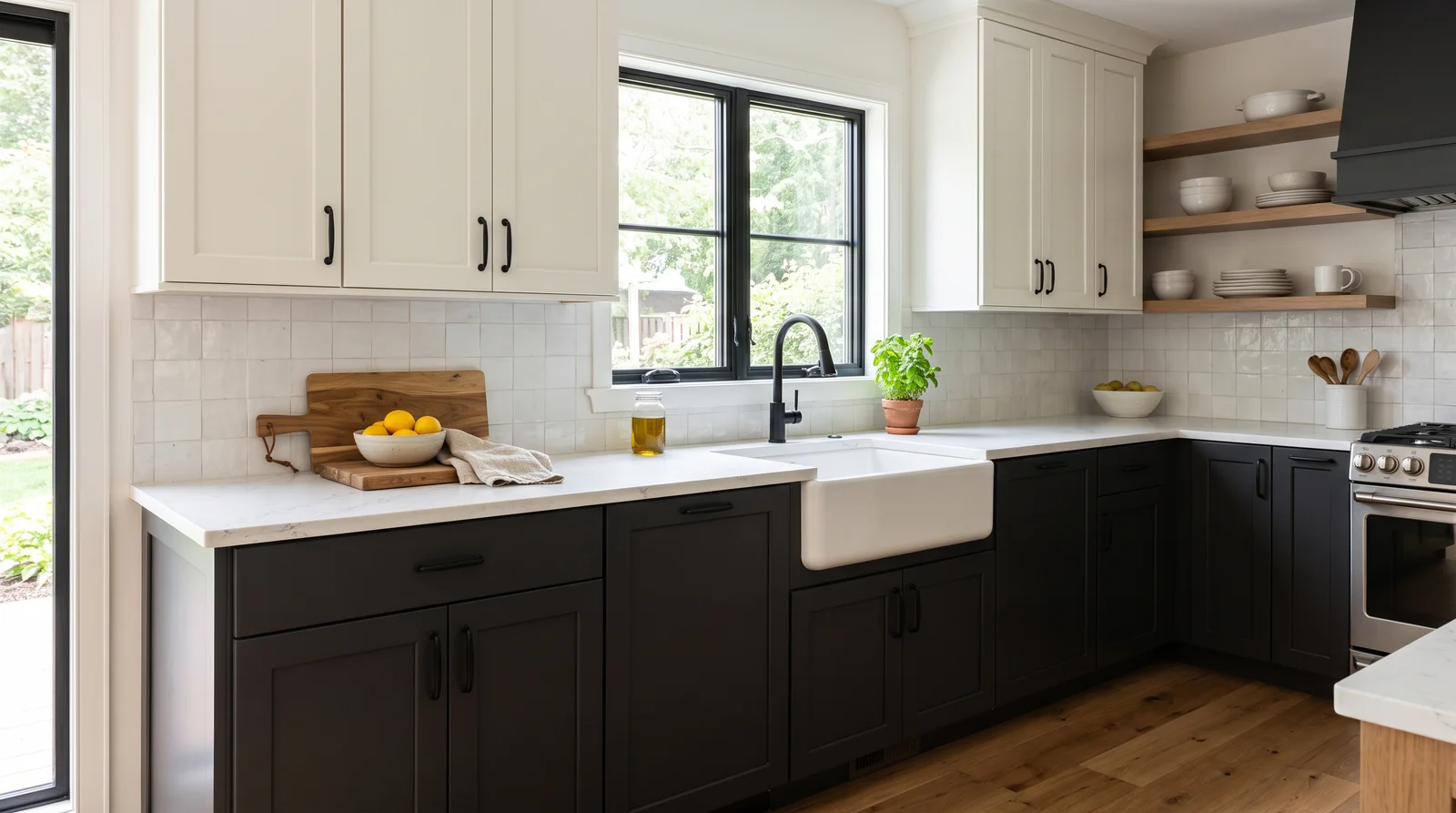two-tone: light uppers, dark lowers — trending kitchen cabinets colors 2026