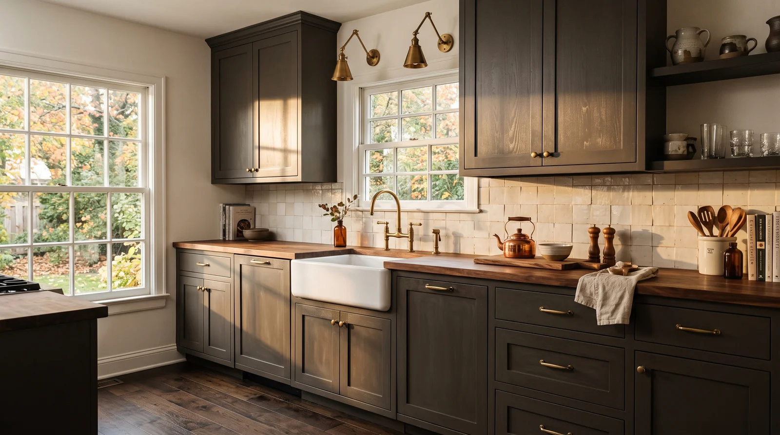 earthy bronze and brown drenching — trending kitchen cabinets colors 2026