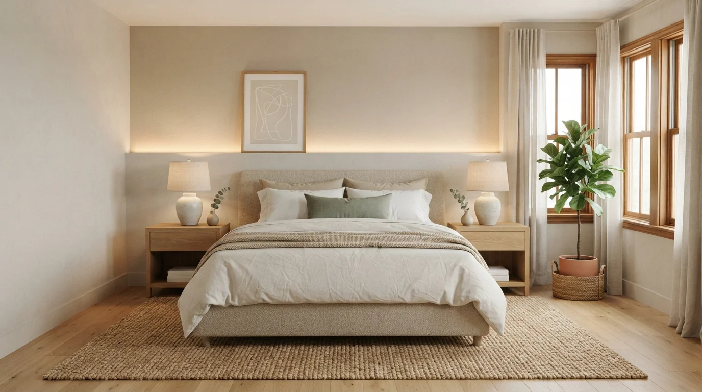 Warm Linen Haven — calming bedroom painted in Polished