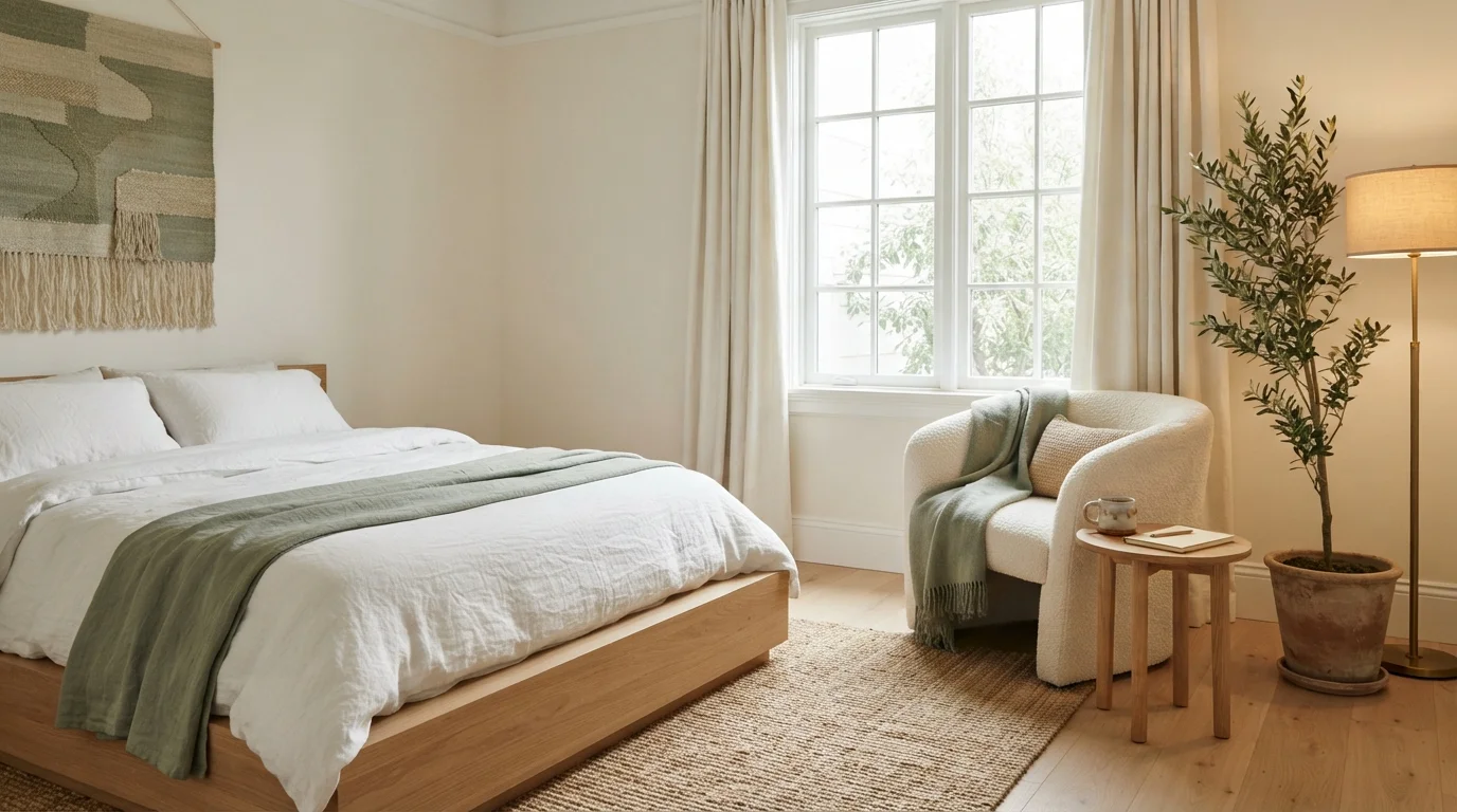 Soft Linen Sanctuary — calming bedroom painted in Wedding White