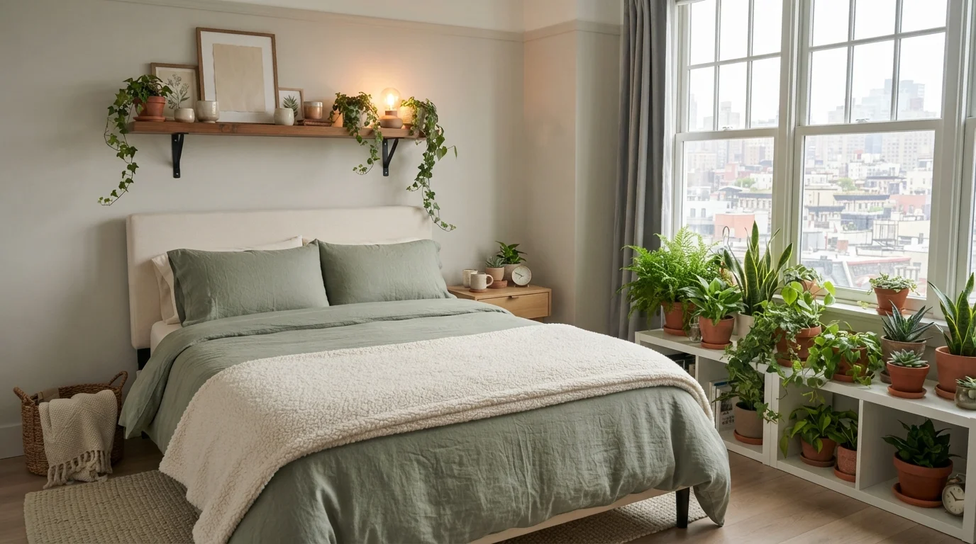 Botanical Sage Haven — calming bedroom painted in Apparition