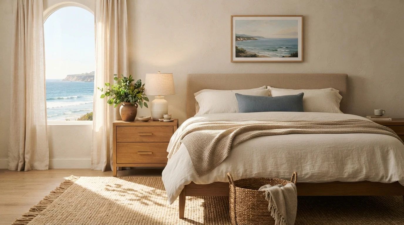 Warm Coastal Serenity — calming bedroom painted in Adobe Sand