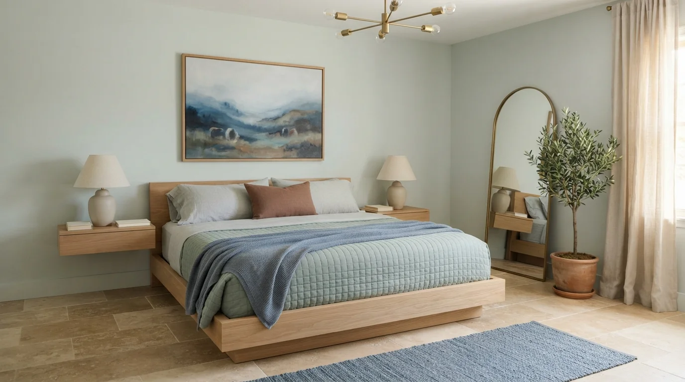 Muted Sage Sanctuary — calming bedroom painted in Calm Breeze