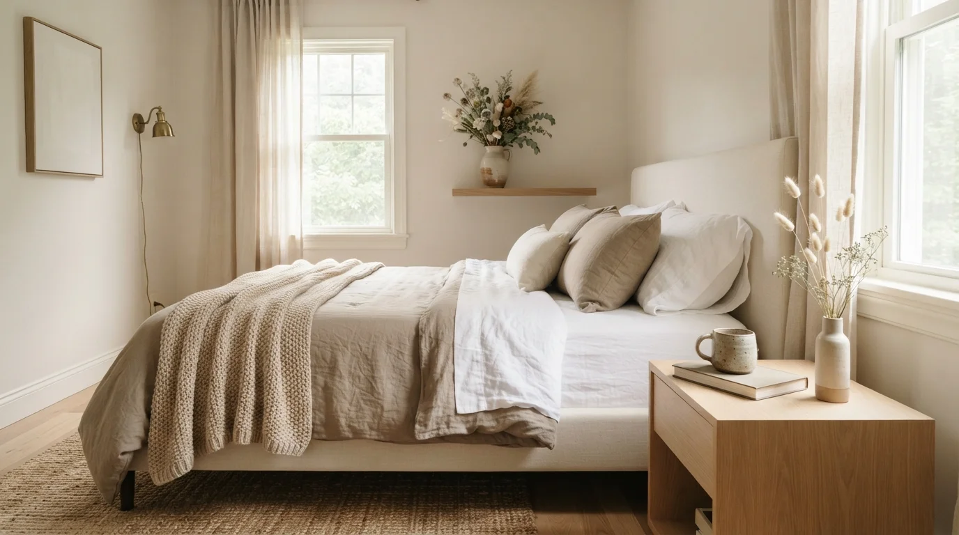 Serene Linen Haven — calming bedroom painted in Sand Dollar
